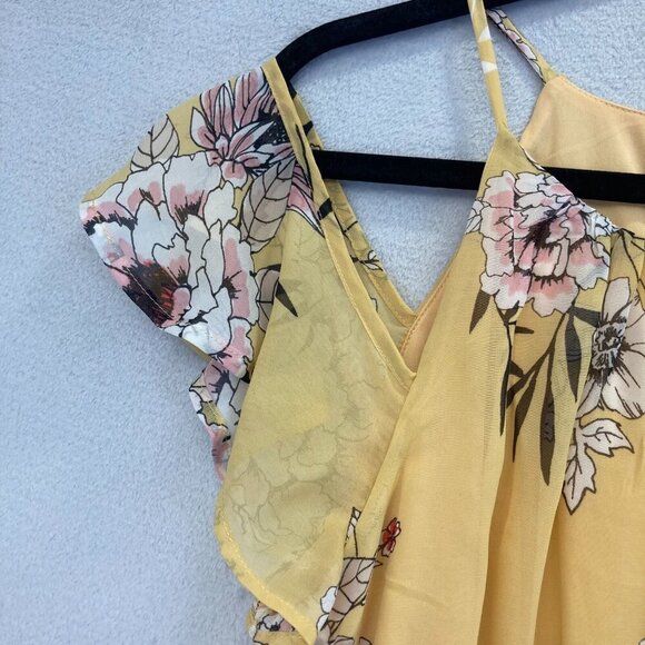 Floral Hi Low Cold Shoulder Maxi Dress Womens Medium M Butter Yellow Boho Flowy - Picture 9 of 16